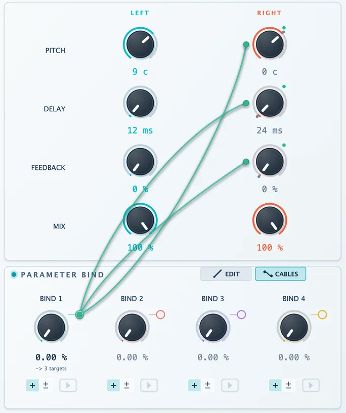 As Bind 1 turns, the connected right Pitch, Delay and Feedback knobs move together.