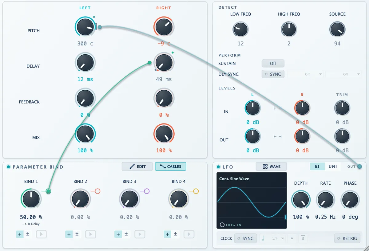 Cables connect the LFO to left pitch and Bind 1 to right delay. The left pitch value rises and falls as the LFO cycles.