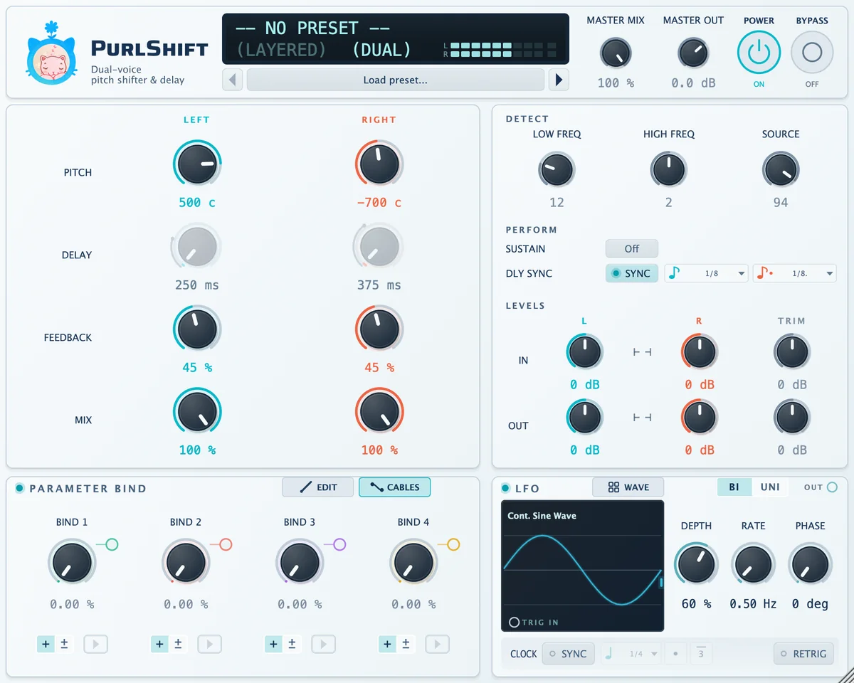 PurlShift interface: left and right pitch and delay, four Bind knobs and an LFO on one screen.