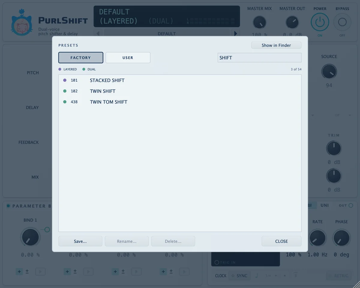 The preset browser with FACTORY selected, SHIFT in search, three list items and Save, Rename, Delete and CLOSE below.